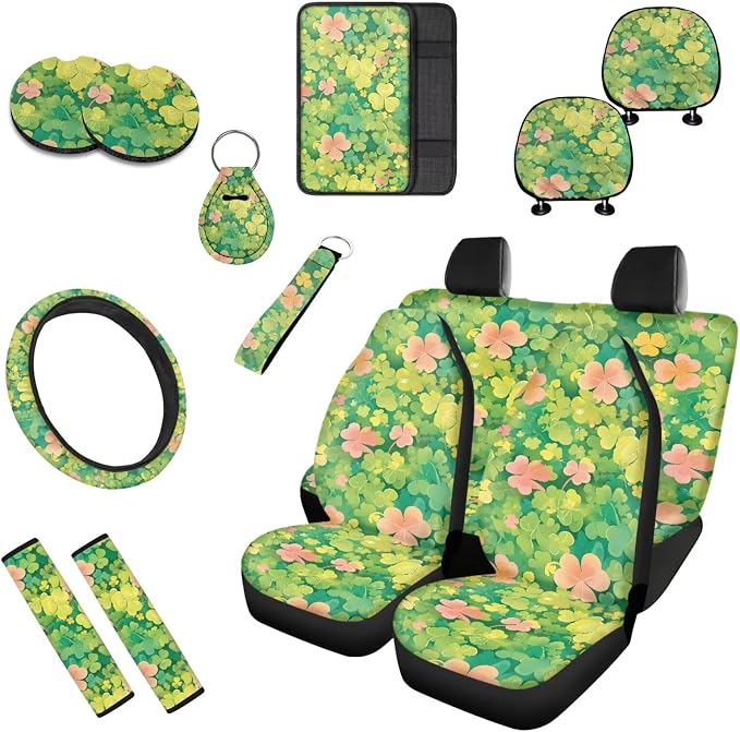 13 Pcs St. Patrick's Clover Car Seat Covers Full Set, Irish Day Clovers Vehicle Headrest Cover Keychain, Automotive Interior Covers for Sedans, Trucks