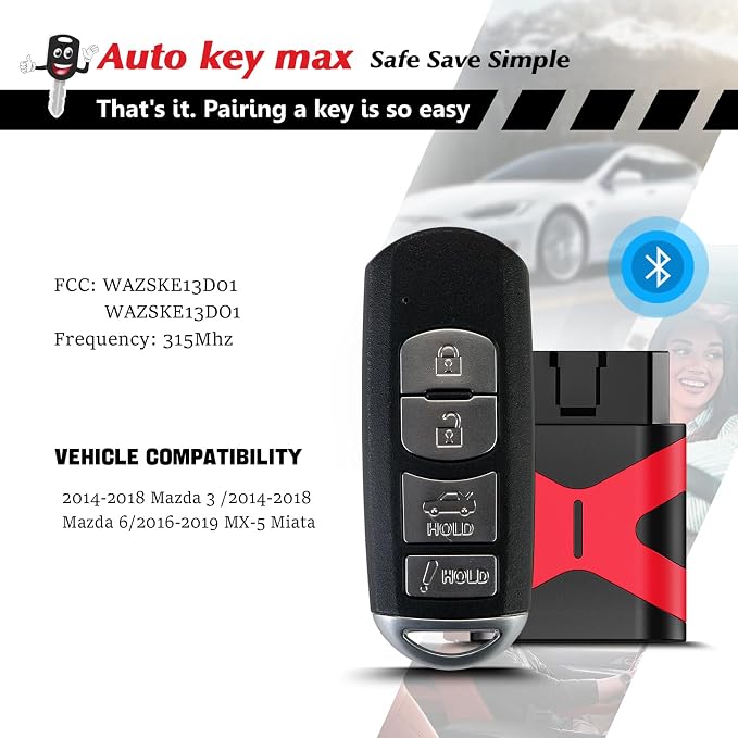 Programmable Keyfob, Replacement Car Keys Fob and DIY Programmer Kit Tool for 2012-2019 Mazda 3 5 6 CX-3 CX-5 CX-9 Smart Remote Key WAZSKE13D01
