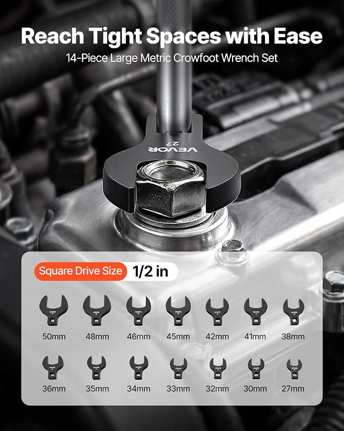 VEVOR Crowfoot Wrench Set, 1/2" Drive, 14-Piece Metric 27 to 50 mm Crows Foot Wrenches, with Storage Tray, Dual Size Markings on Tools and Tray, for Auto Maintenance or Repairs