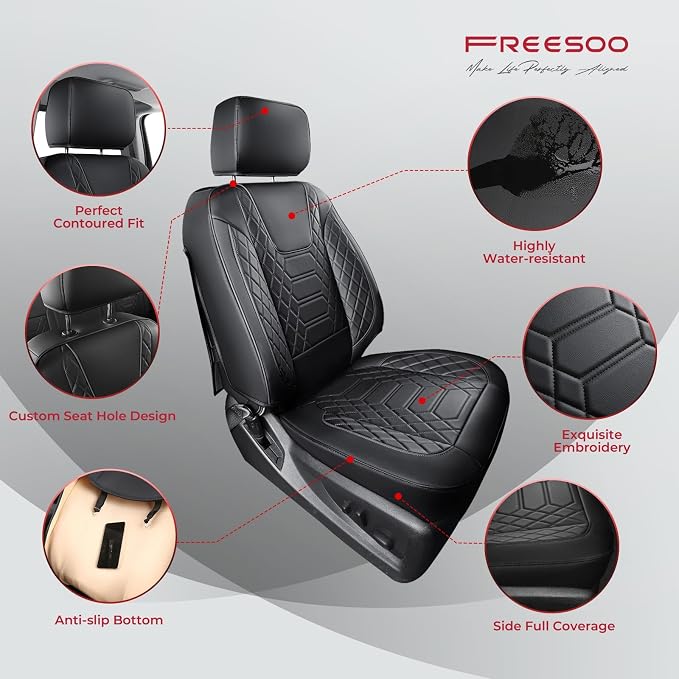 FREESOO for Silverado Seat Cover 2019-2024 2025 2026, Faux Leather Full Set, Fit for Silverado GMC Sierra 1500 Crew Cab Waterproof Truck Seat Covers, Black