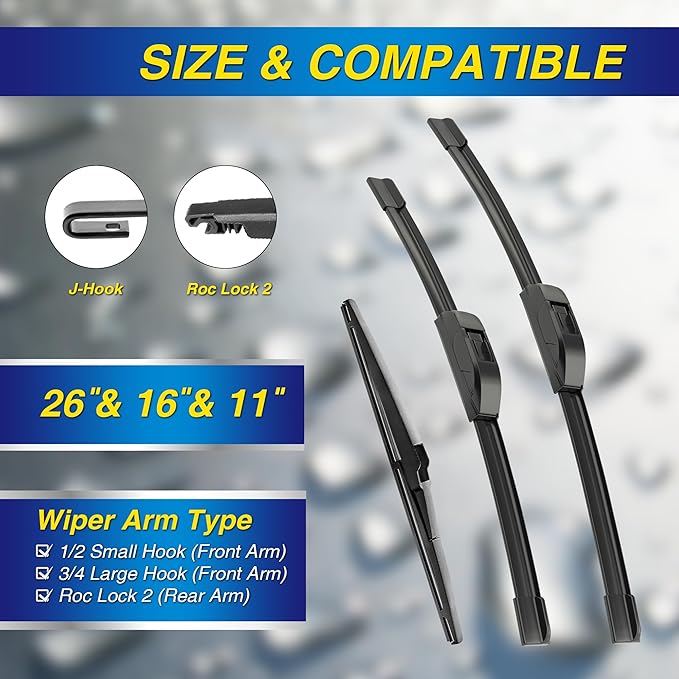 5 PLUS® Silicone Windshield Wipers Replacement for Hyundai 2018-2023 Kona,2019-2024 Kona Electric,2017-2022 Accent Wiper Blades(Set of 3),Windshield Wiper Blades For My Car-26"/16"/11"