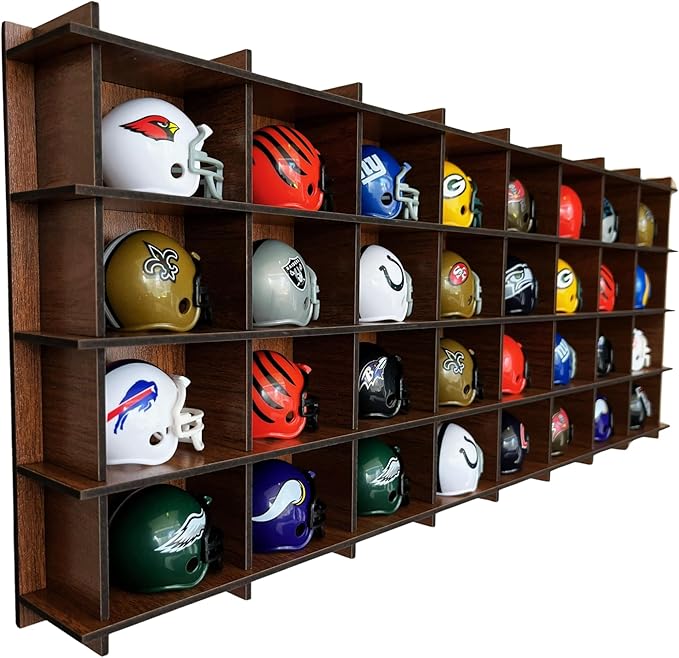32 Mini Helmet Display Case,Mini Football Helmets,Football Helmet Display Case,Mini Football Helmet Shelf (Walnut)