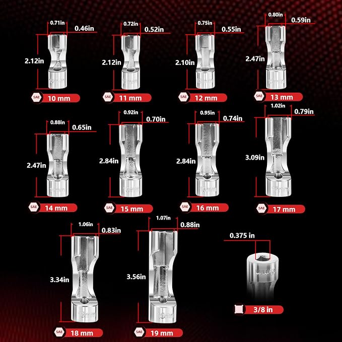 12030 Flare Nut Socket Set, 10pc, 10-19 mm 3/8" Drive Diesel Injector Fuel Line Socket Wrench Set for Fastener on Wired Temperature Sensors, Thermo Switches, ABS Tube, Master Cylinder, Coolant, etc