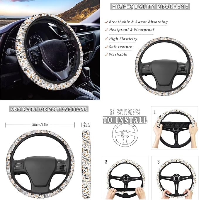 Car Seat Covers 13PCS Car Accessories Steering Wheel Covers+Seat Belt Pads+Coaster+Key Ring+Lipstick Holder Auto Interior Decor,Black, Abstract Boho Geometric Art Print