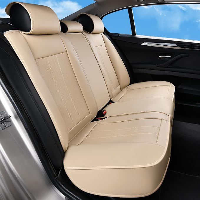 Huidasource Beige Back Seat Cover, Luxury Faux Leather Car Back Seat Cover, Velcro Adjustable, Compatible with Child Seat, Perforation Cooling＆Heating, Universal Fit for Most Cars Vans, Trucks, SUVs
