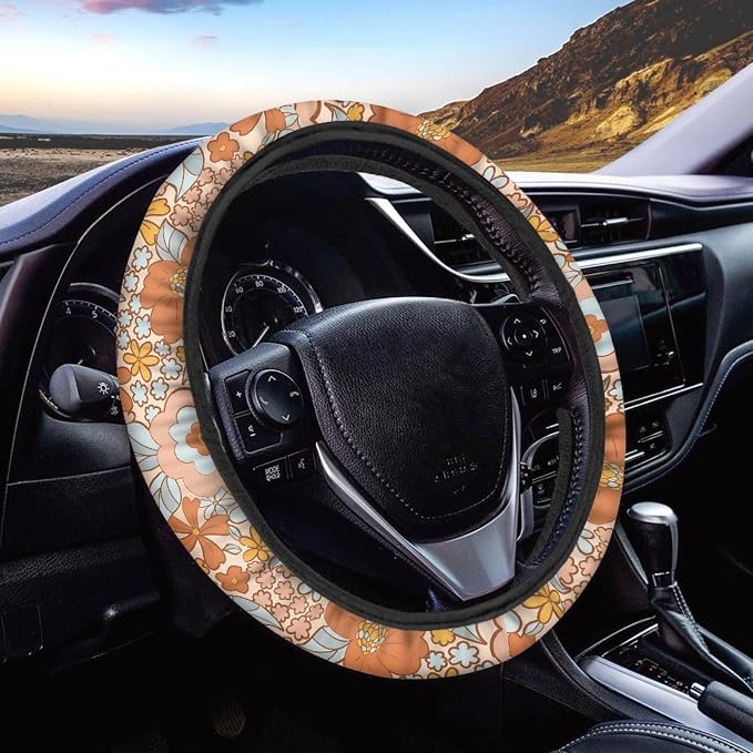 12 Piece Hippie Car Accessories Set Retro 70S Flower Auto Seat Covers Full Set 15Inch Steering Wheel Cover Seat Belt Cover Center Console Armrest Pad Keyring Cup Holder Pad for Vehicels