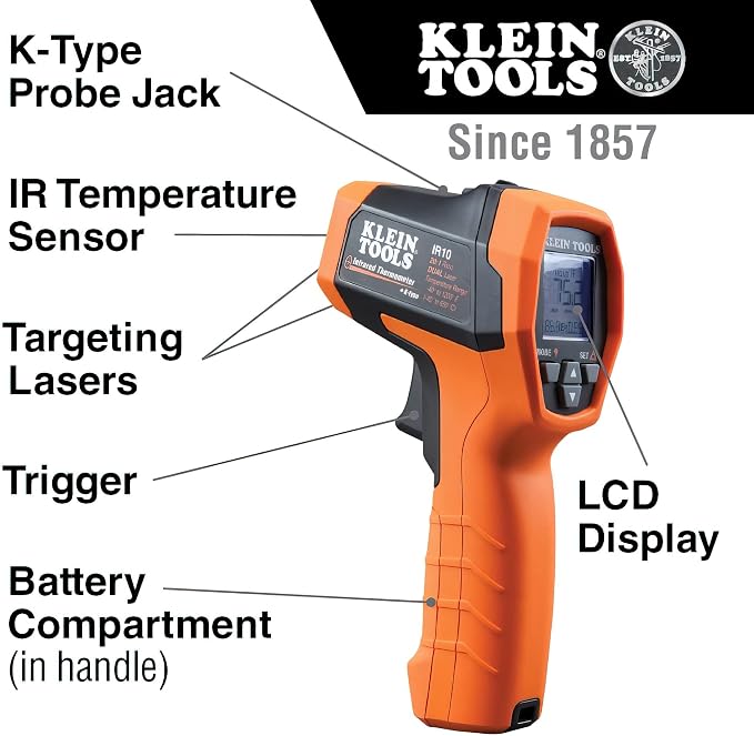Klein Tools IR10 Infrared Thermometer + Magnetic Digital Pocket Thermometer Bundle