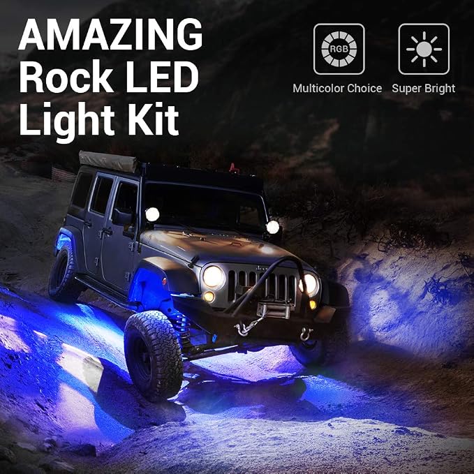 MICTUNING 8 Pods RGB Rock Lights Kit with RF Remote Control IP68 Waterproof | RGB Multi-colors Effect, Freely Adjustable Brightness, Easy to Install, 2-Year Warranty