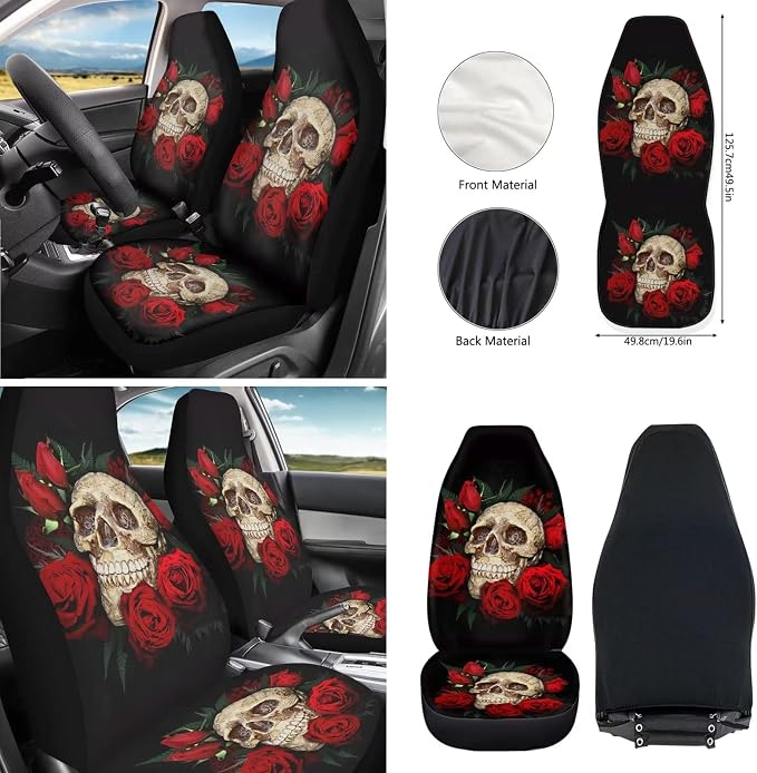 10 Pcs Skull with Red Rose Car Accessories Set, Seat Covers Steering Wheel Cover Center Car Console Pad Armrest Cover Seatbelt Pads Car Coaster Key Chains Wrist Strap for Car Decoration