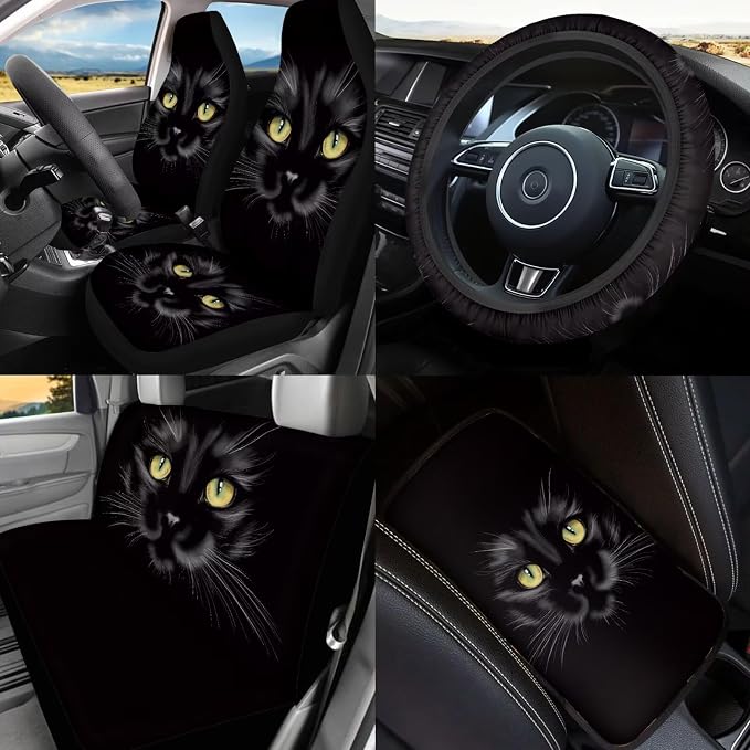 17Pcs Black Cat Car Seat Covers Full Set with Front and Split Rear Bench,Cool Cat Car Interior Accessories of 17 Pcs with Headrest Covers,Vehicle Trash Bag for Women Universal Fit Most Car