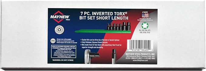 Mayhew Tools 16025 Inverted Torx Socket Bit Set, 7-Piece, Black Oxide Finish, polished chrome