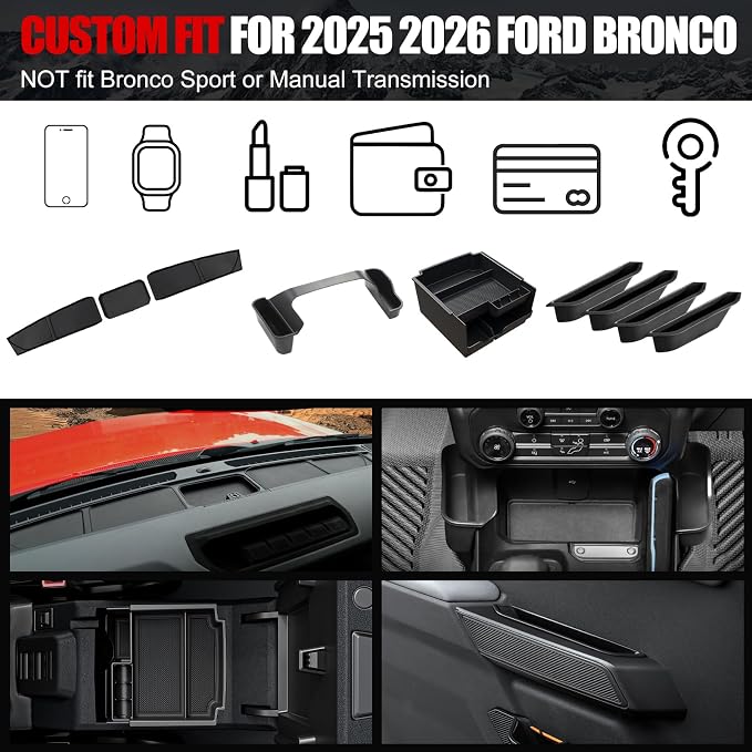 Mabett Storage Organizer Set for Ford Bronco 2025 2026 Accessories (Not for Manual Transmission and Bronco Sport) with Central Control Storage Set, Door Handle Storage Compatible with Ford Bronco