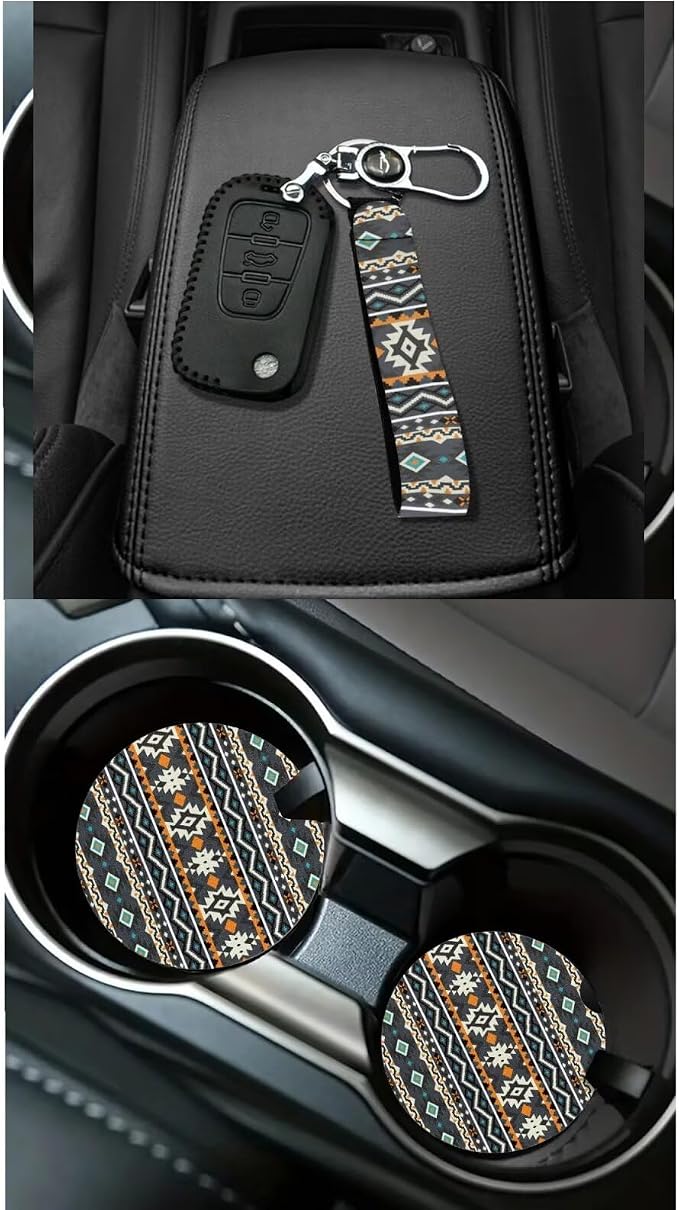 XYZCANDO Ethnic Style Auto Accessories Sets 15 PCS Car Seat Cover Set Steering Wheel Cover Seat Belt Pads Cover Garbage Bag Coasters Keychain Storage Box Car Rear View Mirror Cover for Sedans Van SUV