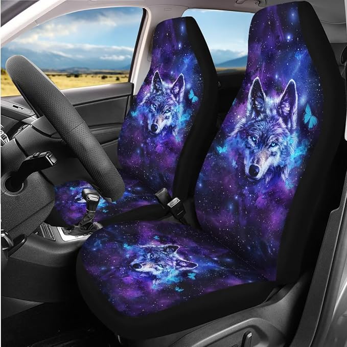 Galaxy Wolf Butterfly Car Interior Accessories Set for Women, 8 Pcs Car Seat Cover Full Set with Car Steering Wheel Cover Auto Center Console Pad Seat Belt Covers