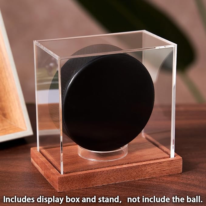 LITY Hockey Puck Display Case, No Assembly Required Acrylic Clear Holder with Wood Base, Autograph Souvenir Display Stand, Perfect Showcase for Your Collection