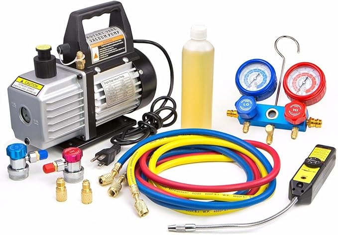 XtremepowerUS 4CFM Vacuum Pump R134a R22 R32 R410A A/C Manifold Gauge Can Tap Manifold Gauge with Leak Detector Carry Bag for HVAC Air Conditioning Refrigeration Recharging