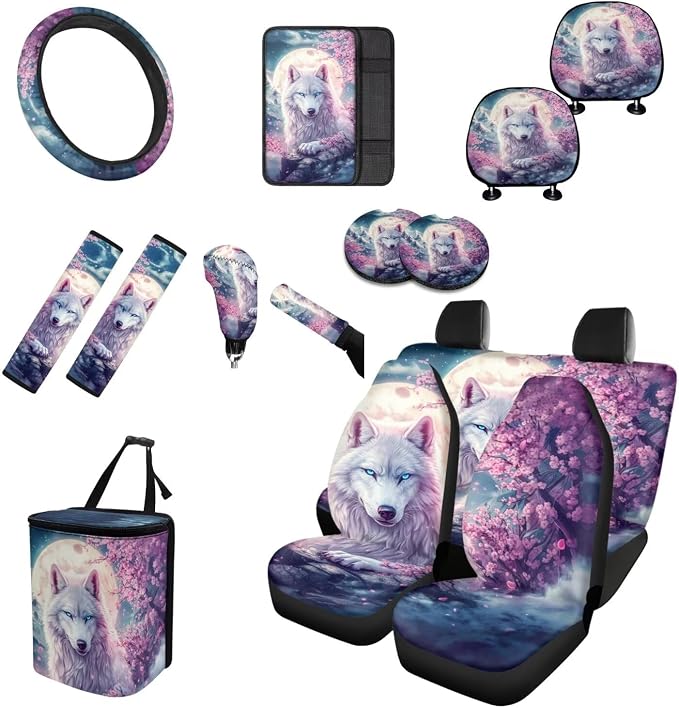 Cherry Blossoms Wolf Car Seat Covers Full Set for Women Floral Car Accessories Steering Wheel Cover Seatbelt Pad Coasters Trash Can Car Headrest Pillow Covers Armrest Pad