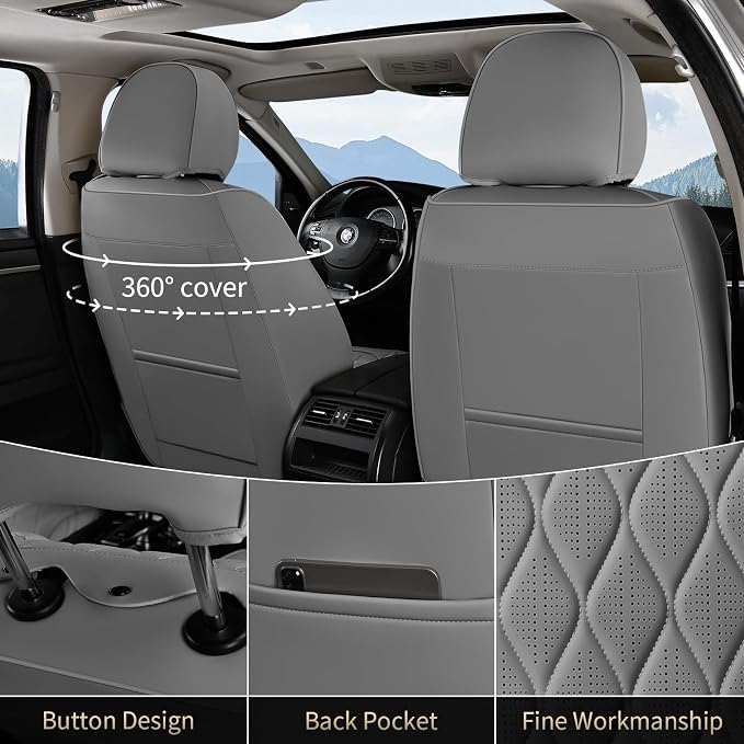 FLORICH Leather Car Seat Covers Full Set Automotive Seat Covers Waterproof Car Seat Cover with Lumbar Support Interior Cover for Front Seat and Back Universal Fit for Most Cars Sedans Trucks SUV, Gray