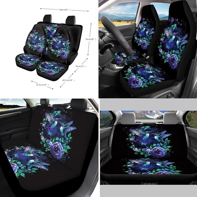 Xoenoiee Hummingbird Purple Floral Print 11 Pieces Car Seat Covers Interior Accessories Set Universal Fit with Steering Wheel Cover, Seat Belt Pads, Keychain, Cup Coasters
