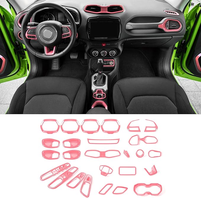 CheroCar 31 PCS Full Set Interior Decoration Trim Kit Steering Button Cover Door Handle Cover Air Outlet Cover Cup Holder Gear Cover Trim Door Speaker Cover for Jeep Renegade 2016-2018,Pink…