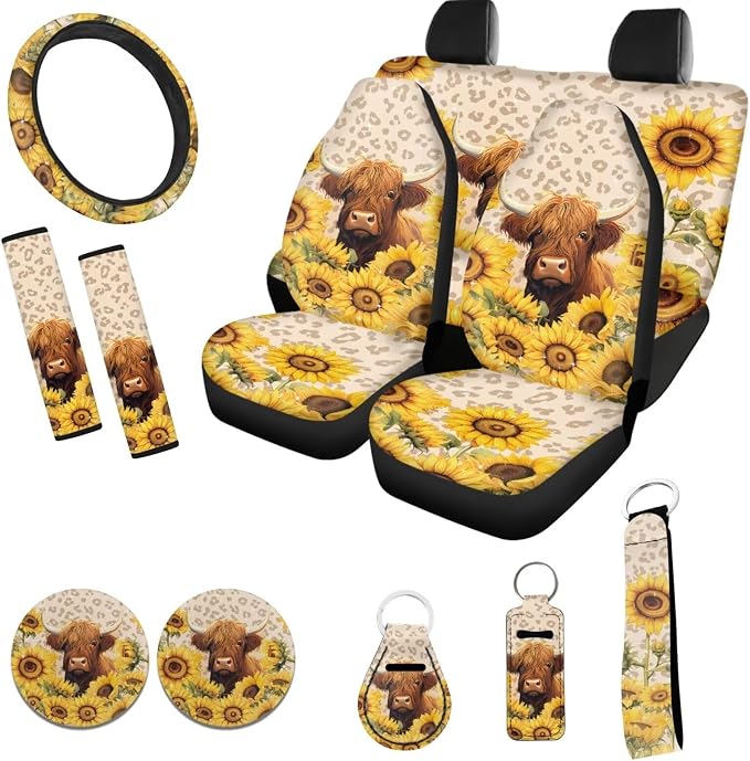 Highland Cow Sunflower Seat Cover for Car,12 Pack Auto Front Back Seat Covers Interior Protection with Auto Steering Wheel Cover Safety Seatbelt Pads Keychain for All Cars SUV Truck