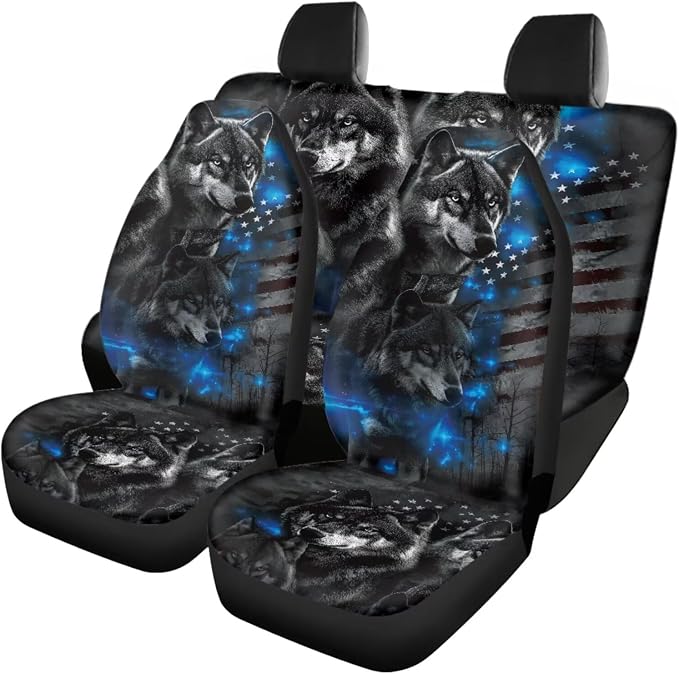 18 Pcs US Flag Gray Wolf Print Car Interior Accessories Set, Car Seat Covers Full Set with Auto Floor Mats Steering Wheel Cover Armrest Pad Handle Wraps Seat Belt Pads Cup Coaster Keychains