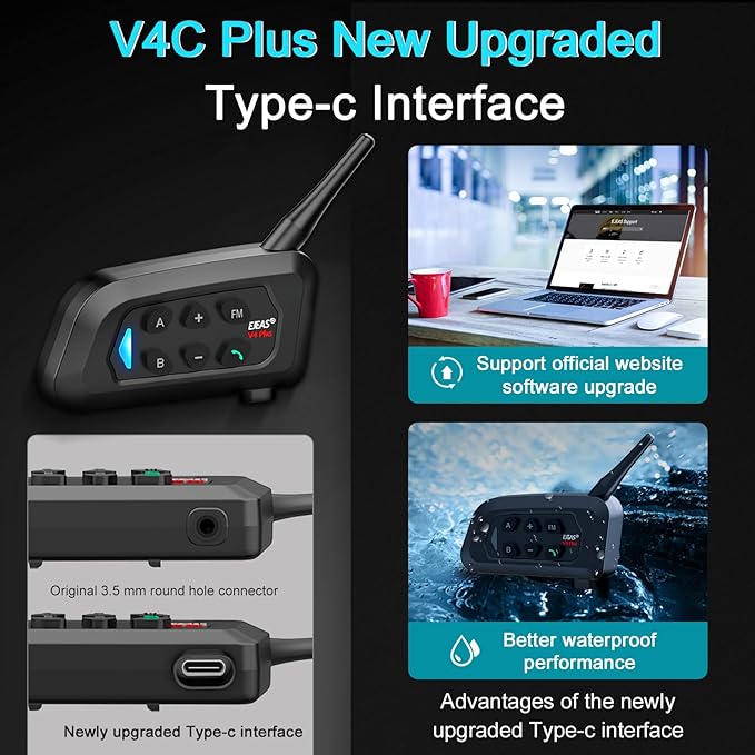 Novamente V4 Plus Motorcycle Bluetooth Headset, 4-Way 1500m Helmet Intercom with IP65 Waterproof,Noise Cancellation,FM (1Pack)