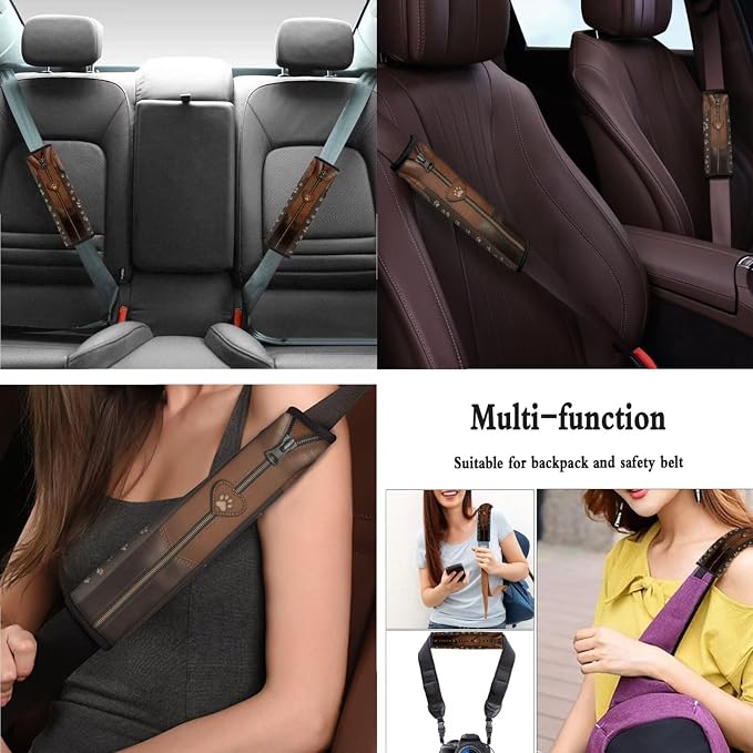 Paw Print Car Seat Covers with Matching Steering Wheel Cover 4 Pcs Seat Belt Pads Breathable Auto Seat Protector Universal Auto Interior Accessories, Brown
