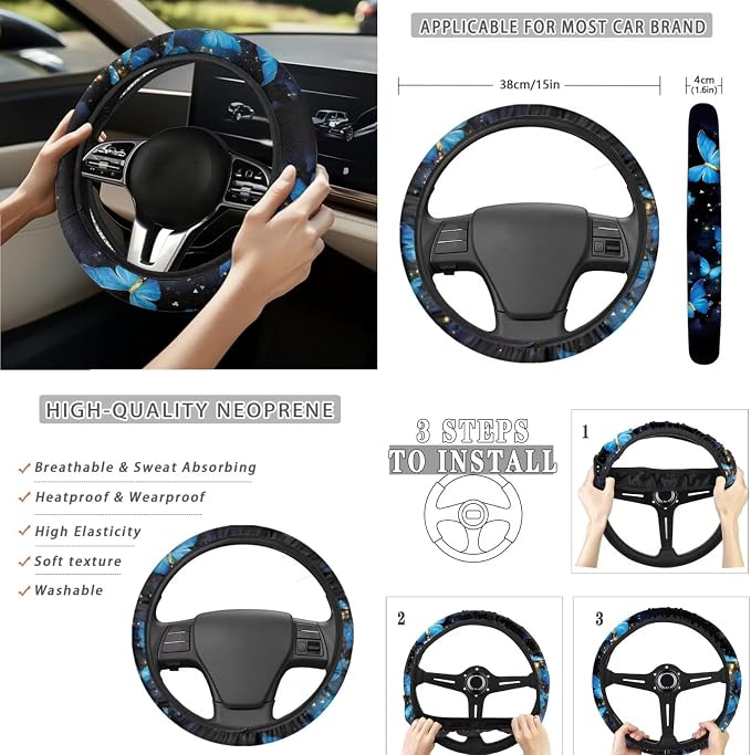 15 Pcs Blue Glitter Butterfly Car Seat Covers Full Set for Women Cute Car Accessories Interior Car Steering Wheel Cover Seatbelt Covers Trash Bin Rear View Mirror Cover Cup Holders Keychain