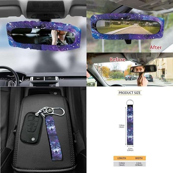 Wolf Galaxy Butterfly Print Full Set with Front Back Seats Steering Wheel Covers, Trash Can, Air Vent Bag, Auto Seat Belt Pads, Mirror Cushion, Cup Holder Coaster for Women Men
