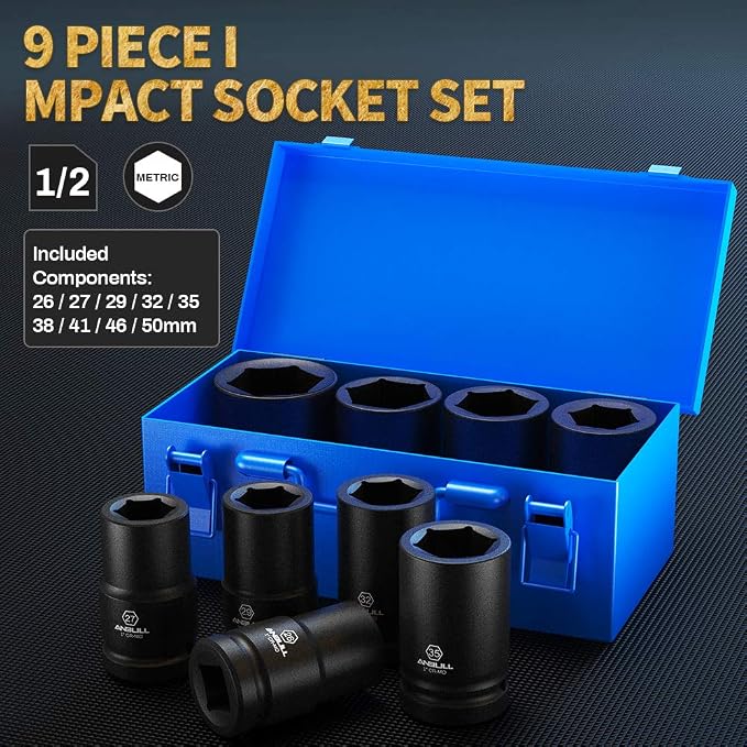 1 Inch Drive Deep Impact Socket Set, 9 Pieces Jumbo Impact Socket Sets, 6-Point, Metric Sizes (26, 27, 29, 32, 35, 38, 41, 46, 50mm), CR-Mo Steel (1 Inch-Metric)
