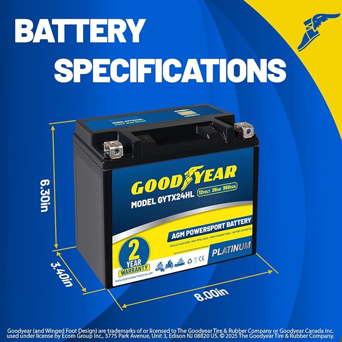Goodyear GYTX24HL - 12 Volt 26 AH, 350 CCA, Rechargeable High-Performance, Maintenance Free, SLA - AGM Battery for Motorcycle, ATV, UTV, Scooter, Snowmobile, Motorbike and more!