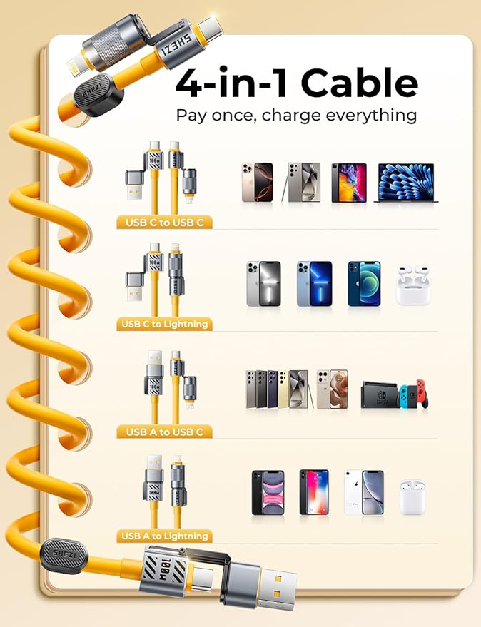 3 Packs Car Cable Bundle, Coiled USB C Cable 5FT 100W(Yellow) with Clip, Braided USB C to USB C Cord 10FT 60W(Gray) and Silicone 4 in 1 Fast Charger 5FT 180W(Yellow)