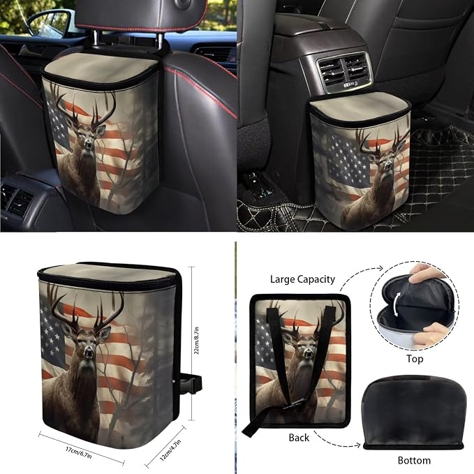 Deer American Flag Print 10 Pieces Car Accessories Sets Wear-Resistan Front Rear Bench Bucket Seat Cover Steering Wheel Cover Car Garbage Can Air Vent Pouch Coaster Keychain Vehicle Interior