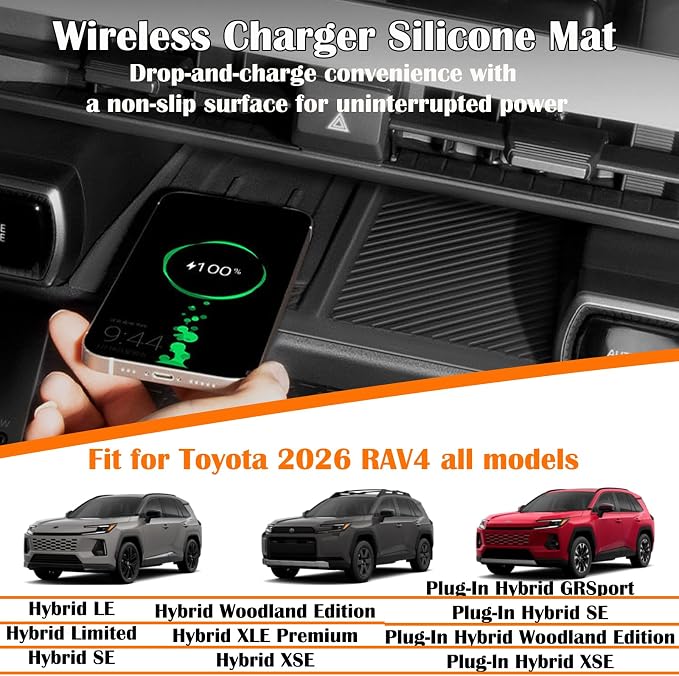 2026 RAV 4 Center Console Wireless Charging Mat Organizers Compatible with Toyota 2026 RAV 4 XSE GR Sport Hybrid Limited XLE Woodland 2026 RAV 4 Interior Accessories,Center Upper Level Trays