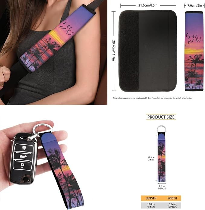 Sunset Tropical Palm 15 PCS Car Seat Cover Full Set, with Steering Wheel Cover Seat Belt Cover Trash Cans Rear View Mirror Cover Cup Coaster Keychain Universal Fit