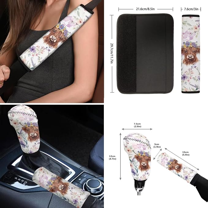 Wanyint Car Seat Cover Full Set 12 PCS, with Steering Wheel Seat Belt Cover Armrest Pad Coasters Handbrake Gear Shift Knob Set Auto Accessories Decor, Highland Cow Floral Violet