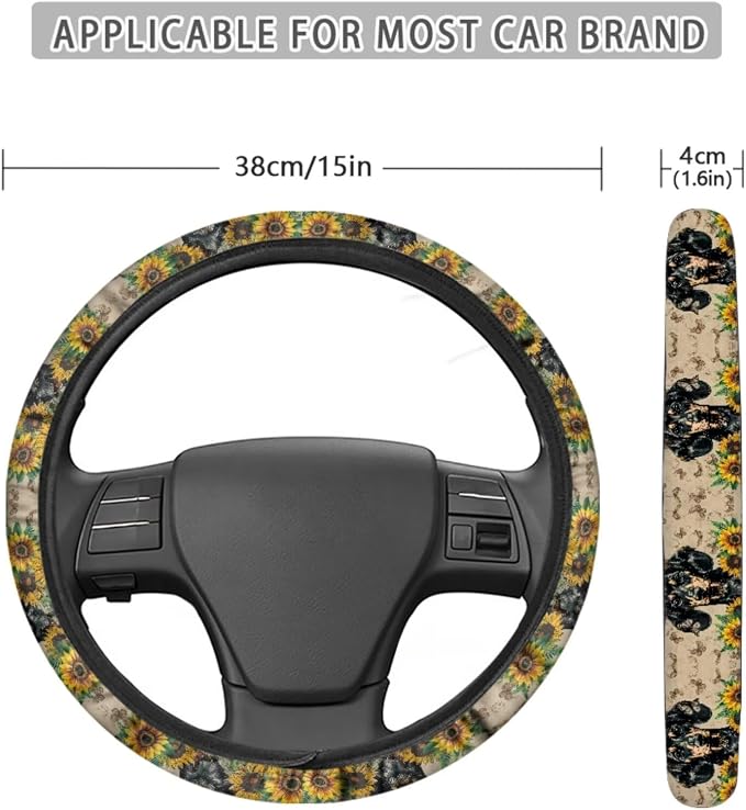 Dachshund Sunflower Butterfly Print Car Seat Covers Full Set, Auto Accessories Pack of 13, 1 Soft Steering Wheel Cover, 4 Seat Belt Covers, 4 Washable Coasters, Universal Fit Most Cars