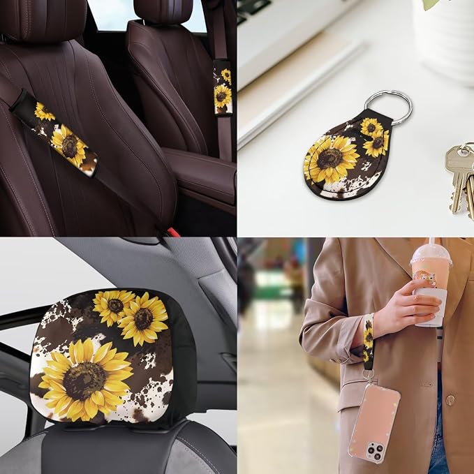 Sunflower Print Car Seat Covers Full Sets 18 Pcs Sunflower Cow Print Car Accessories Set with Steering Wheel Cover Auto Trash Can Car Headrest Covers Belt Pads Cover Armrest Pad,Universal Fit