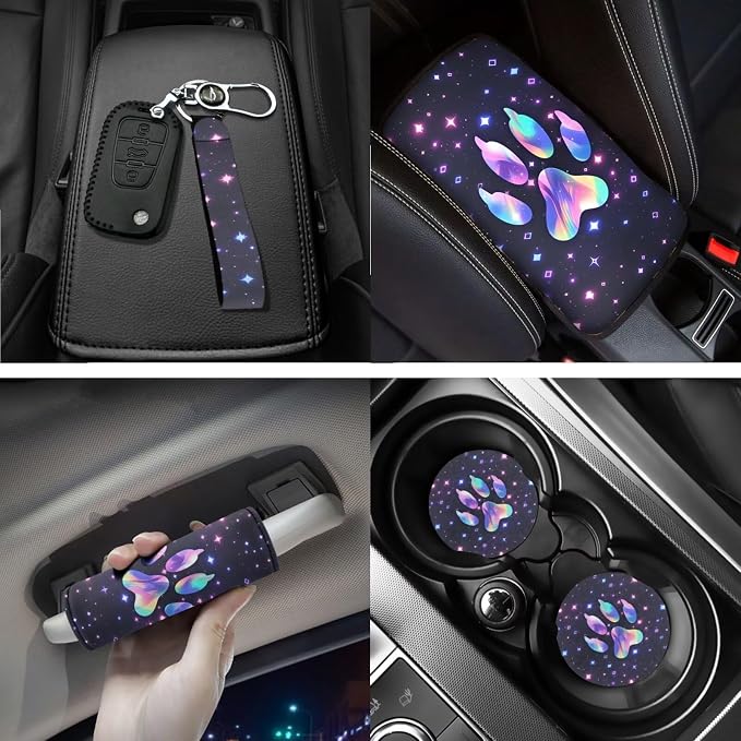 18 Pcs Car Accessories Set for Women, Colorful Stars Dog Paw Print Design, Car Seat Covers with Steering Wheel Cover Floor Mats Seat Belt Pads Armrest Pad Handle Gloves Coasters Keychains