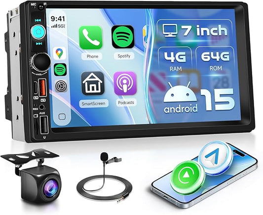 Android 15/4+64G Car Radio Double Din Car Radio with Wireless Carplay&Android Auto,7 inch 1280*720P IPS TouchScreen Car Audio Receivers with WiFi GPS EQ BT5.0 FM/RDS Radio Mirror Link AHD Rear Camera