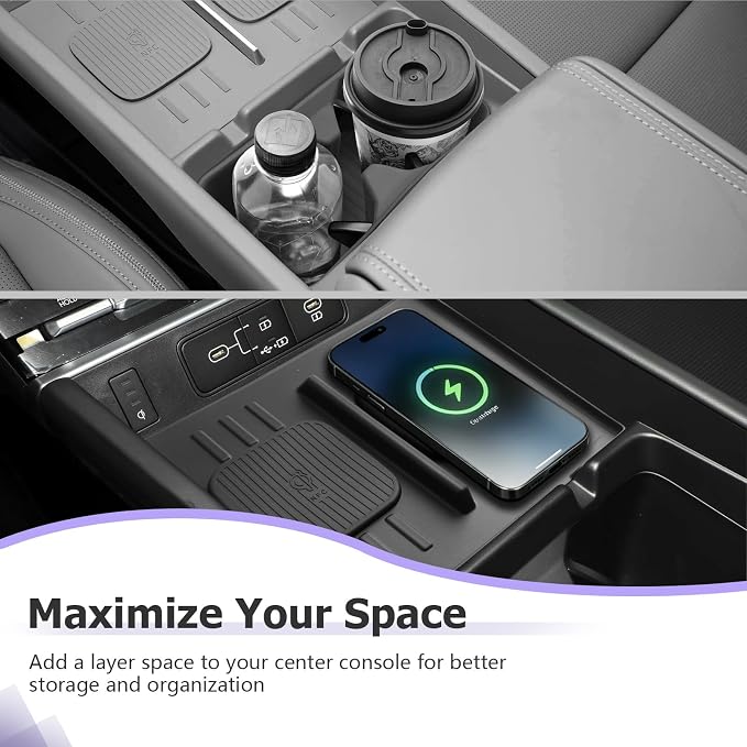 LUWU 2025 2026 Santa Fe Center Console Cup Holder Insert & Wireless Charging Protective Mat for Santa Fe 2024 2025 2026 Accessories Premium Silicone Material Cup Holder Easy Install & Clean, 2-Pack