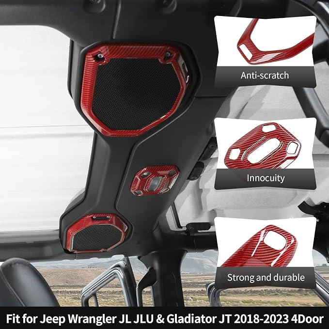 21PCS Red Carbon Fiber Interior Trim Kits Fit for 2018-2023 Jeep Wrangler JL JLU & Gladiator JT 4Door Interior Decor Accessories Dashboard Headlight Switch Roof Speaker Inner Door Bowl Steering Button