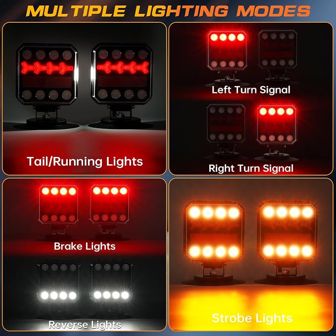 Wireless Trailer Lights, Rechargeable Magnetic LED Trailer Lights with Reverse Light, Portable Wireless Tow Tail Light Kit for Trucks, Boats, RVs, Campers