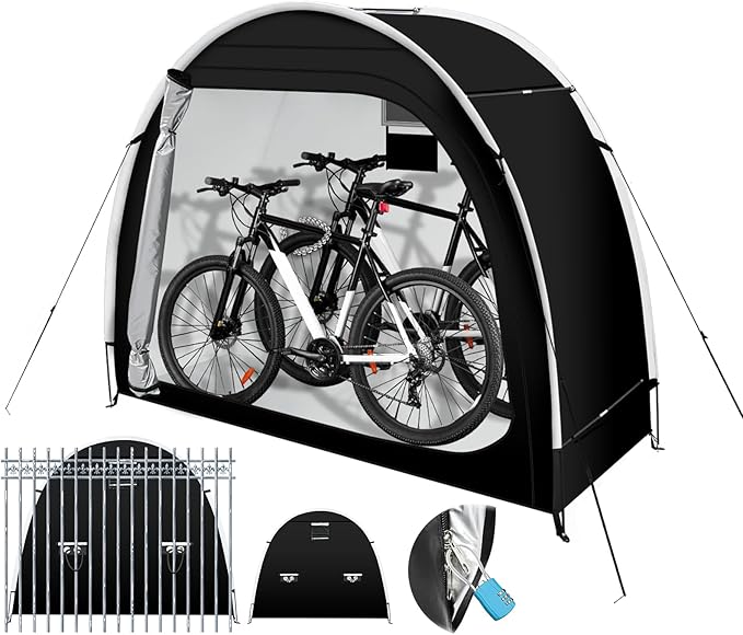 Anti-Theft Bike Storage Tent with Lockable Zipper & Security Eyelets, Upgraded PU5000 Waterproof Outdoor Storage Shed for 2-3 Bikes, Bicycle Motorcycle Garden Tools Shelter (80x32x68 Inches)