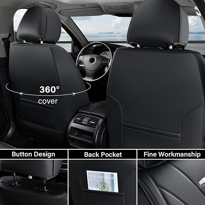 Coverado Front Seat Covers, 2 PCS Leather Seat Cover, Black Seat Cover for Cars, Waterproof Car Seat Cover, Car Seat Protector, Driver Seat Covers Seat Cushion Universal Fit for Most Vehicles (Black)