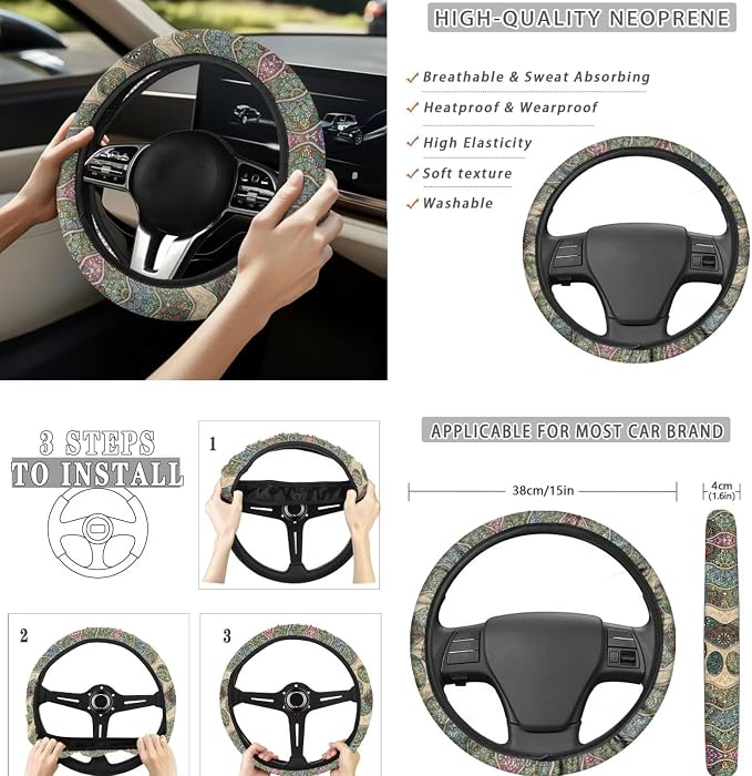 8 Pcs Boho Dog Paw Car Seat Covers Full Set Car Accessories for Women Front Seat Cover Steering Wheel Armrest Cover Seat Belt Cover for Auto SUV Interior Decoration