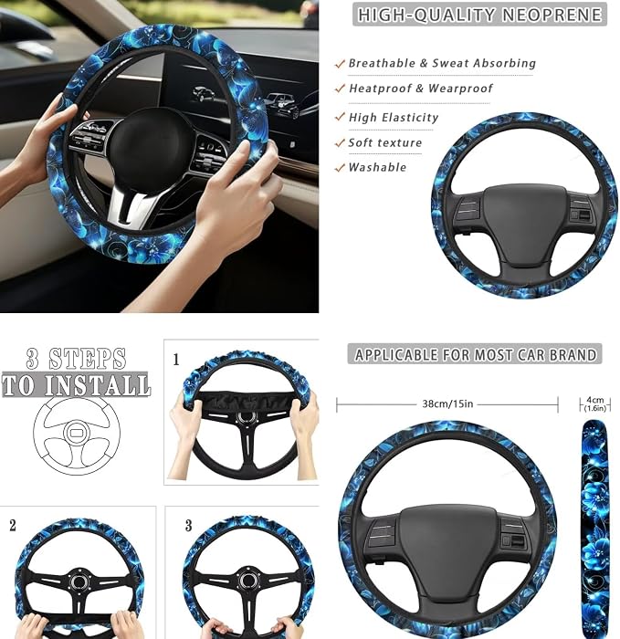 Blue Dolphin Car Seat Covers Full Set 12 Pcs Car Steering Wheel Cover Center Console Cover Fashion Auto Seat Belt Covers Gear Lever Cover Fit for Most Cars, SUVs
