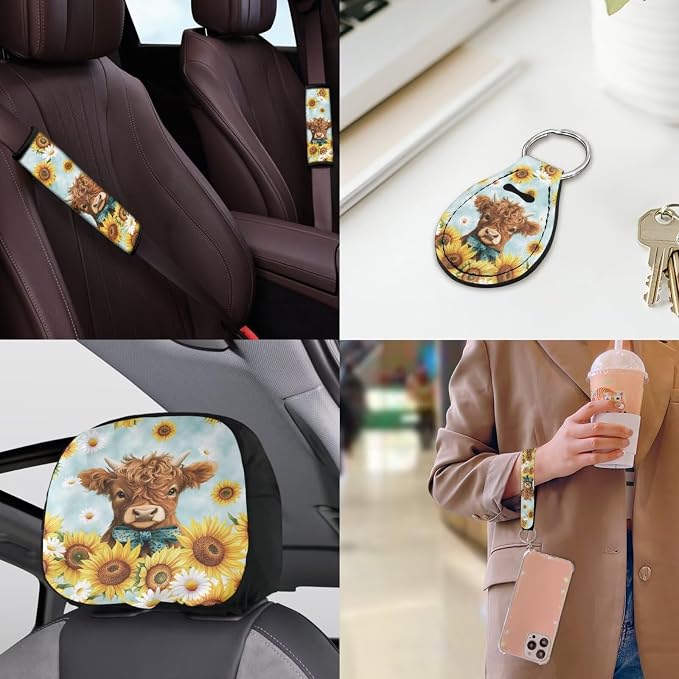 Highland Cow Sunflower Print Car Seat Covers Full Sets 18 Pieces Highland Cow and Sunflower Car Interior Accessories Sets Soft Car Seat Belt Pads Cover Car Trash Can Car Headrest Covers