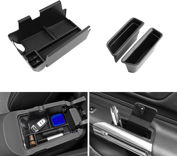 LUWU 3PCS 2025 2026 Mustang Center Console Organizer Compatible with Ford Mustang 2024 2025 2026 Accessories Armrest Console Storage Box Insert Tray Door Side Tray ABS Material Coin Container Black